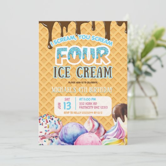 ボーイチョコレートドリップワッフルアイスクリーム4歳の誕生日 招待状 (スタンド正面)