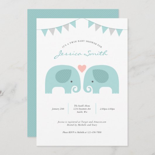 ボーイツインズエレファントベビーシャワー招待状 招待状 (正面/裏面)
