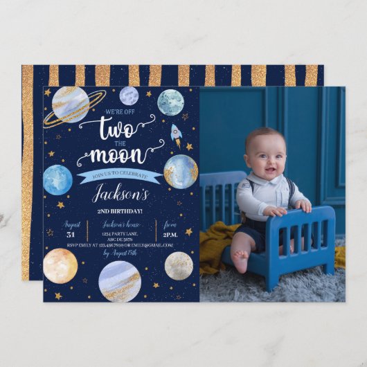 ボーイツザムーン宇宙誕生日写真 招待状 (正面/裏面)