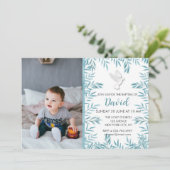 ボーイティール（緑がかった色）ブルードーブウォーターカラーバプテスマ招待状 招待状 (スタンド正面)