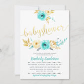 ボーイティール(緑がかった色)ブルー金ゴールドフローラベビーシャワー招待状 招待状 (正面)