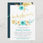 ボーイティール（緑がかった色）ブルー金ゴールドフローラベビーシャワー招待状 招待状 (正面/裏面)