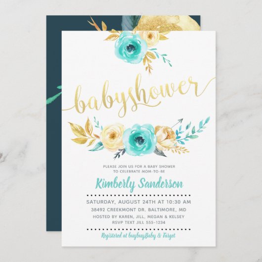 ボーイティール(緑がかった色)ブルー金ゴールドフローラベビーシャワー招待状 招待状 (正面/裏面)