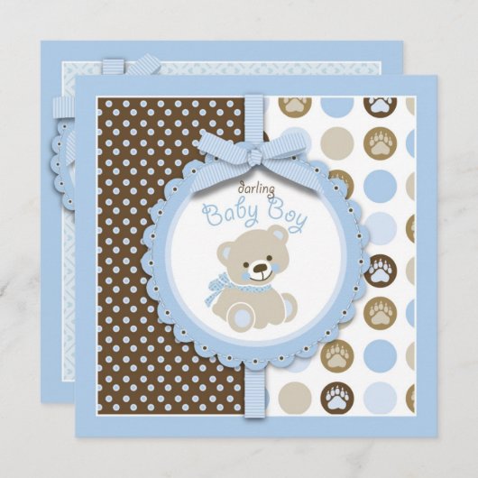 ボーイテディベアベビーシャワー招待状スクエア 招待状 (正面/裏面)