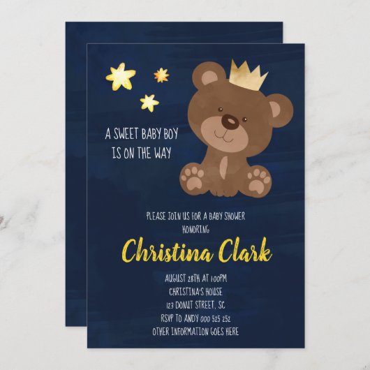 ボーイテディベアーネイビーブルーベビーシャワー 招待状 (正面/裏面)