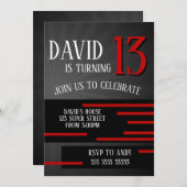 ボーイトゥイーン10代の誕生日モダンシンプル赤 招待状 (正面/裏面)