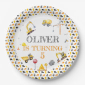 ボーイトラック建築パーティー誕生日イエローグレイ ペーパープレート (正面)