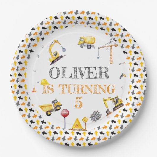ボーイトラック建築パーティー誕生日イエローグレイ ペーパープレート (正面)