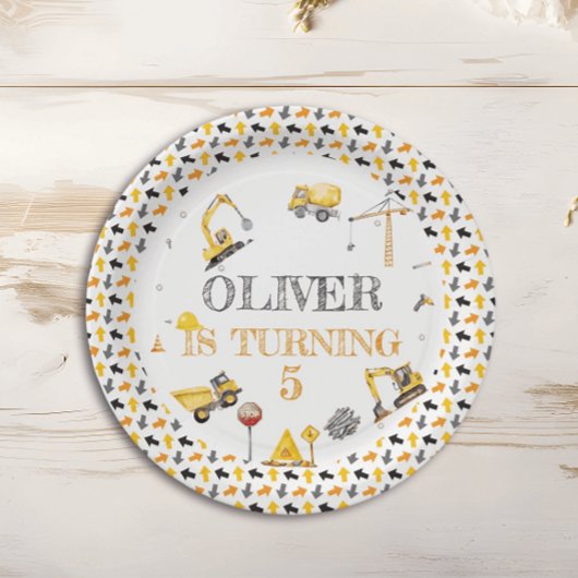 ボーイトラック建築パーティー誕生日イエローグレイ ペーパープレート