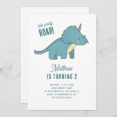 ボーイトリケラトプス誕生日。青い恐竜の子供パーティー 招待状 (正面/裏面)