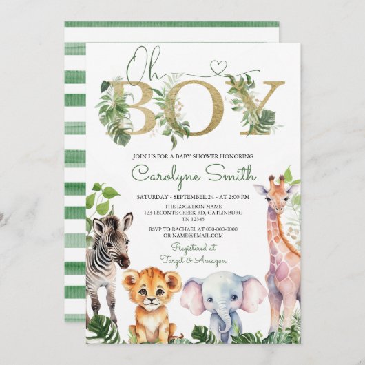 ボーイトロピカルジャングルサファリ動物ベビーシャワー 招待状 (正面/裏面)