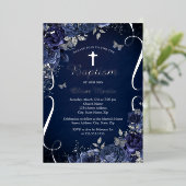 ボーイネイビーシルバーフローラバタフライバプテスマ 箔招待状 (立ち正面)