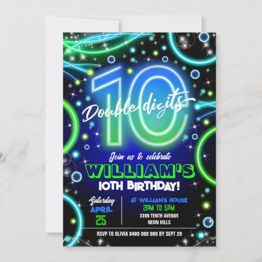 ボーイネオン10番目の誕生日招待状ダブルデジット 招待状 (正面)
