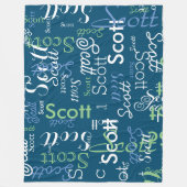 ボーイネームタイポグラフィ海ブルー フリースブランケット (正面)