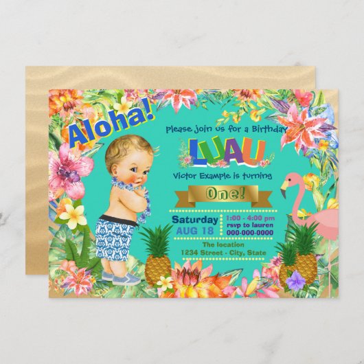 ボーイハワイアンルアウ(ハワイ式宴会)誕生日パーティー 招待状 (正面/裏面)