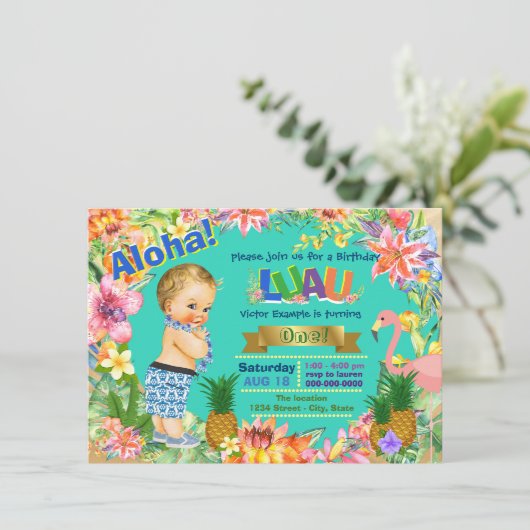 ボーイハワイアンルアウ（ハワイ式宴会）誕生日パーティー 招待状 (スタンド正面)