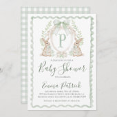 ボーイバニーラビットベビーシャワーセージ名門私立校風のグリーン 招待状 (正面/裏面)