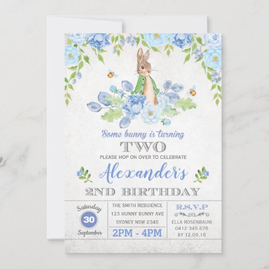 ボーイバニー第2誕生日パーティーガーデンブルーフローラ 招待状 (正面)