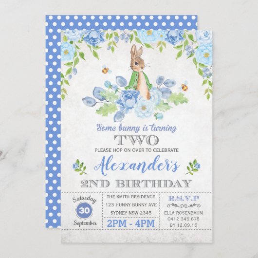 ボーイバニー第2誕生日パーティーガーデンブルーフローラ 招待状 (正面/裏面)