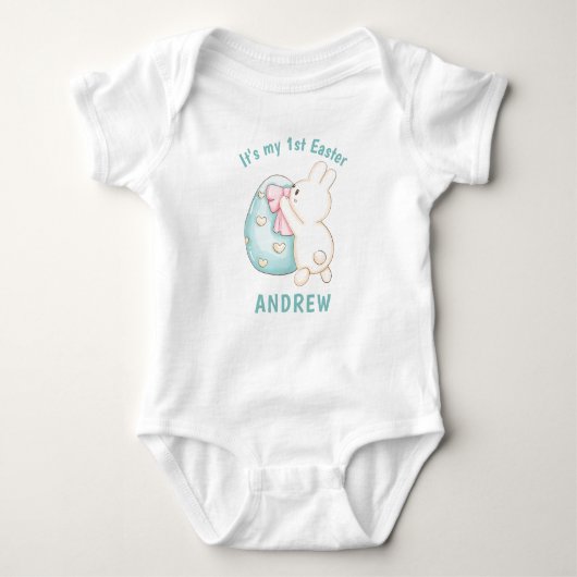 ボーイバニー&ブルーエッグ第1回イースターパーソナライズされた名 ベビーボディスーツ (正面)