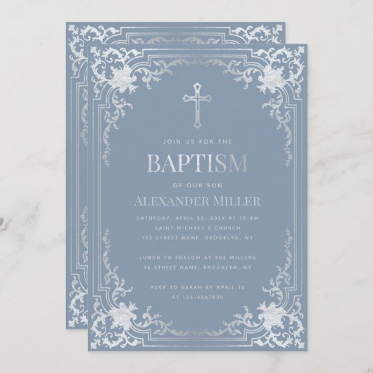 ボーイバプティスダスティブルーエレガントシルバーフェイクヴィンテージ 招待状 (正面/裏面)