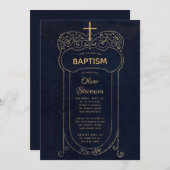ボーイバプティスネイビーブルーヴィンテージ書道クロス 招待状 (正面/裏面)