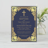 ボーイバプティスファースト誕生日ネイビーブルー金ゴールド 招待状 (スタンド正面)