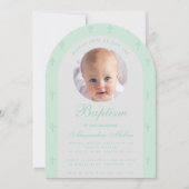 ボーイバプティスフォトアモダンーチミントグリーンスクリプト 招待状 (正面)