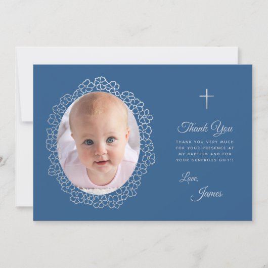 ボーイバプティスフォトクラシックリースブルーグレーフローラ サンキューカード (正面)