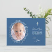 ボーイバプティスフォトクラシックリースブルーグレーフローラ サンキューカード (スタンド正面)