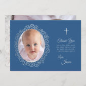 ボーイバプティスフォトクラシックリースブルーグレーフローラ サンキューカード (正面/裏面)