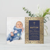 ボーイバプティスフォトネイビーブルーヴィンテージ金ゴールドバラ 招待状 (スタンド正面)