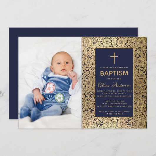 ボーイバプティスフォトネイビーブルーヴィンテージ金ゴールドバラ 招待状 (正面/裏面)