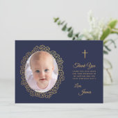 ボーイバプティスフォトネイビーブルー金ゴールドフローラリース サンキューカード (スタンド正面)