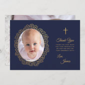 ボーイバプティスフォトネイビーブルー金ゴールドフローラリース サンキューカード (正面/裏面)