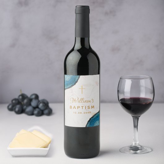 ボーイバプティスブルーグード金ゴールドクロスホワイトマーブル ワインラベル