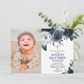 ボーイバプティスブルーフローラ水彩写真 招待状 (スタンド正面)