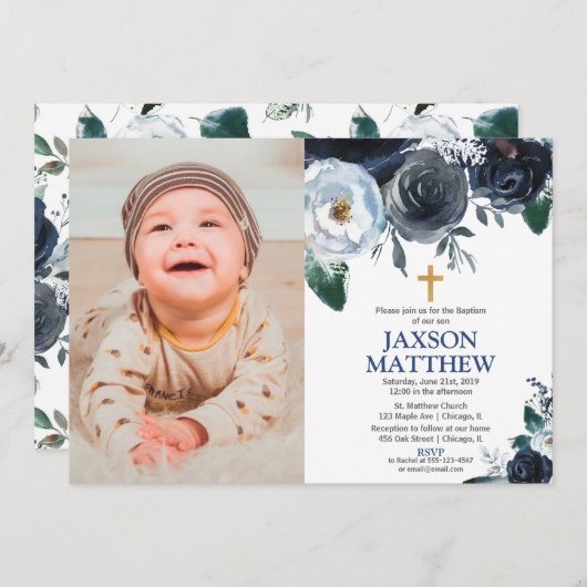 ボーイバプティスブルーフローラ水彩写真 招待状 (正面/裏面)