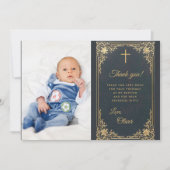 ボーイバプティスブルー金ゴールド写真ヴィンテージ サンキューカード (正面)