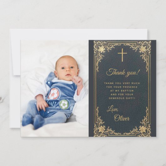 ボーイバプティスブルー金ゴールド写真ヴィンテージ サンキューカード (正面)