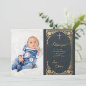 ボーイバプティスブルー金ゴールド写真ヴィンテージ サンキューカード (スタンド正面)