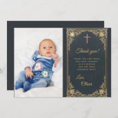 ボーイバプティスブルー金ゴールド写真ヴィンテージ サンキューカード (正面/裏面)