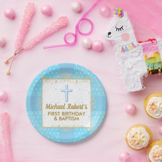 ボーイバプティスワンバースデーブルー金ゴールド文字水玉模様 ペーパープレート (パーティー)