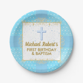 ボーイバプティスワンバースデーブルー金ゴールド文字水玉模様 ペーパープレート