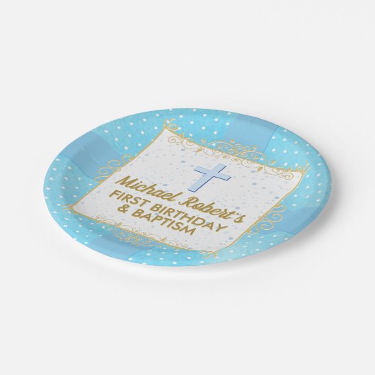 ボーイバプティスワンバースデーブルー金ゴールド文字水玉模様 ペーパープレート (アングル)