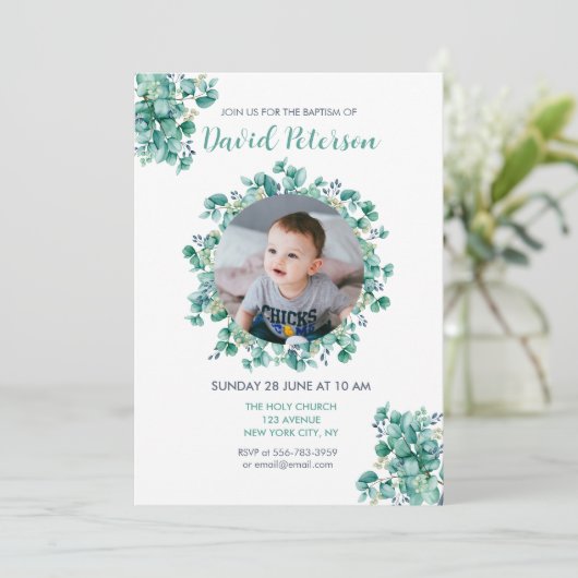 ボーイバプテスマフローラティール（緑がかった色）ブルーリース招待状 招待状 (スタンド正面)