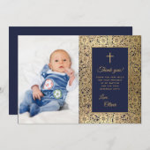 ボーイバプテスマヴィンテージブルー金ゴールドバラフローラ写真 サンキューカード (正面/裏面)