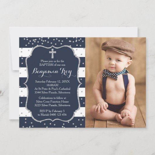 ボーイバプテスマ招待状フォトカードネイビーシルバー 招待状 (正面)