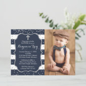 ボーイバプテスマ招待状フォトカードネイビーシルバー 招待状 (スタンド正面)