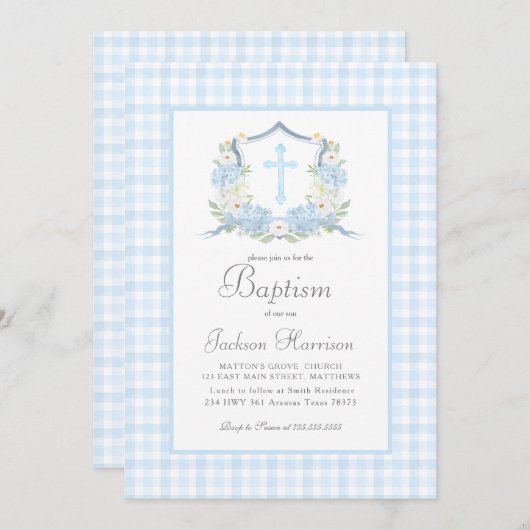 ボーイバプテスマ招待状ブルーギンガムバプテスマ 招待状 (正面/裏面)